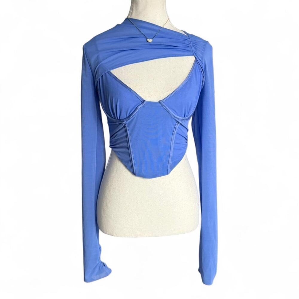 House of CB Isabel cornflower blue long sleeve top cut out asymmetrical corset